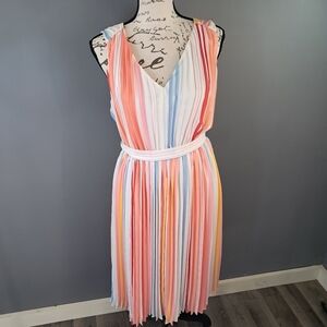 Loft Womens Multi Colored Pleated VNeck Sleeveless Dress White Size Small Petite